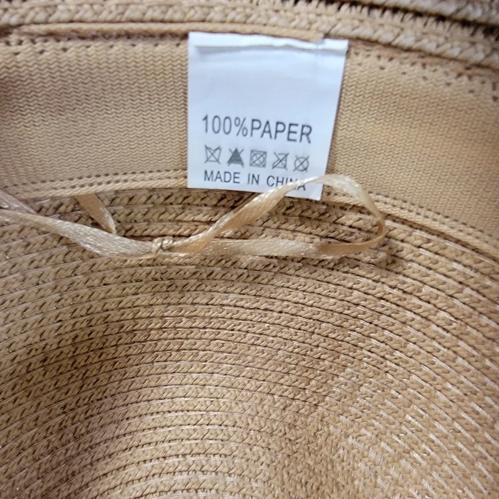 Summer Sun Hat Women's One Size Tan Fedora with Black Band Paper Straw Woven